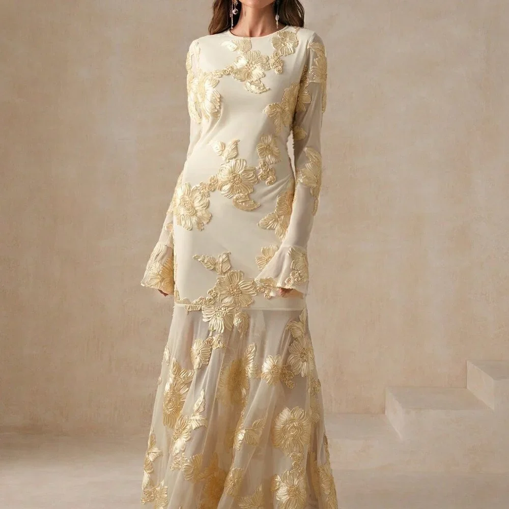 Apricot Elegant Women's Floral Embroidered Backless Fishtail Dress